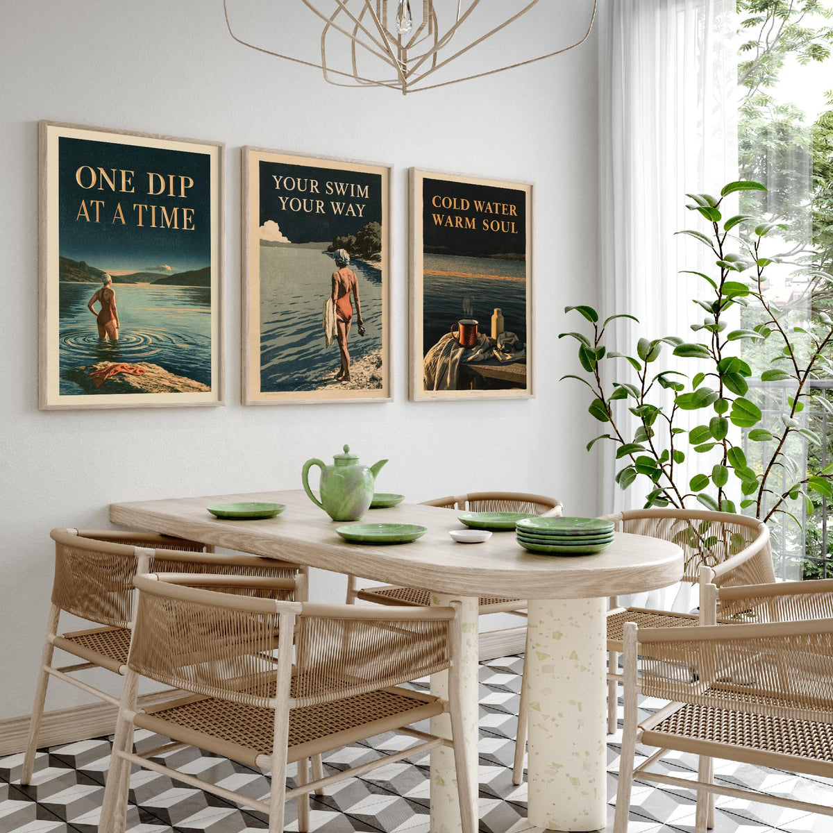 Wild Swimming Set of Three Art Prints - One Dip at a Time, Your Swim Your Way, Cold Water Warm Soul - Amberpress Poster Illustrations V1