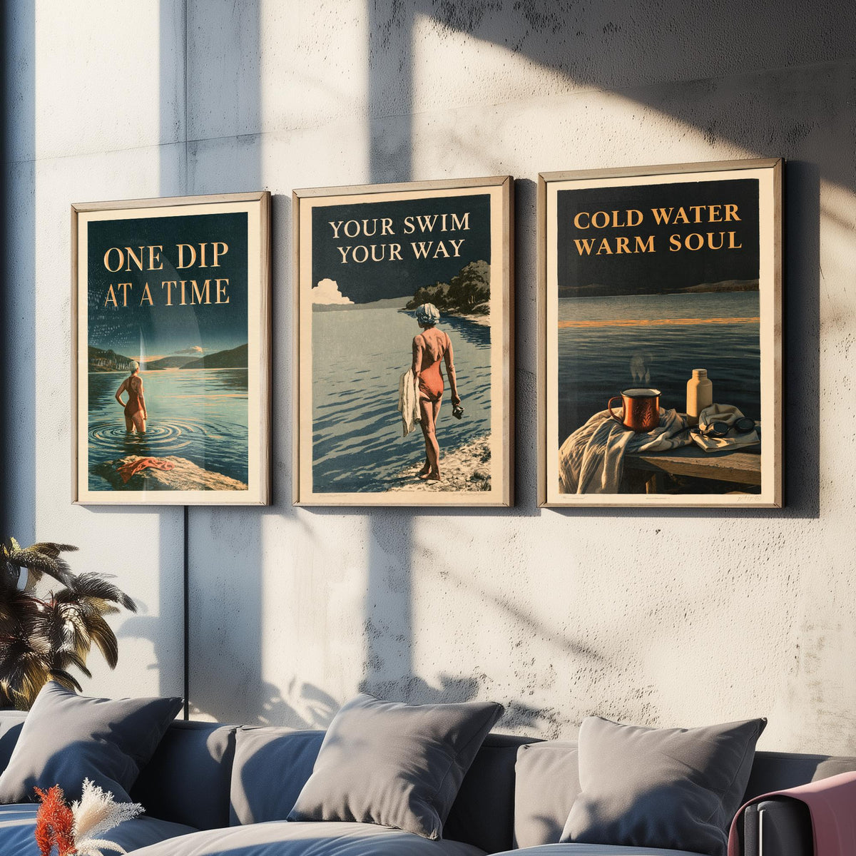 Wild Swimming Set of Three Art Prints - One Dip at a Time, Your Swim Your Way, Cold Water Warm Soul - Amberpress Poster Illustrations V1
