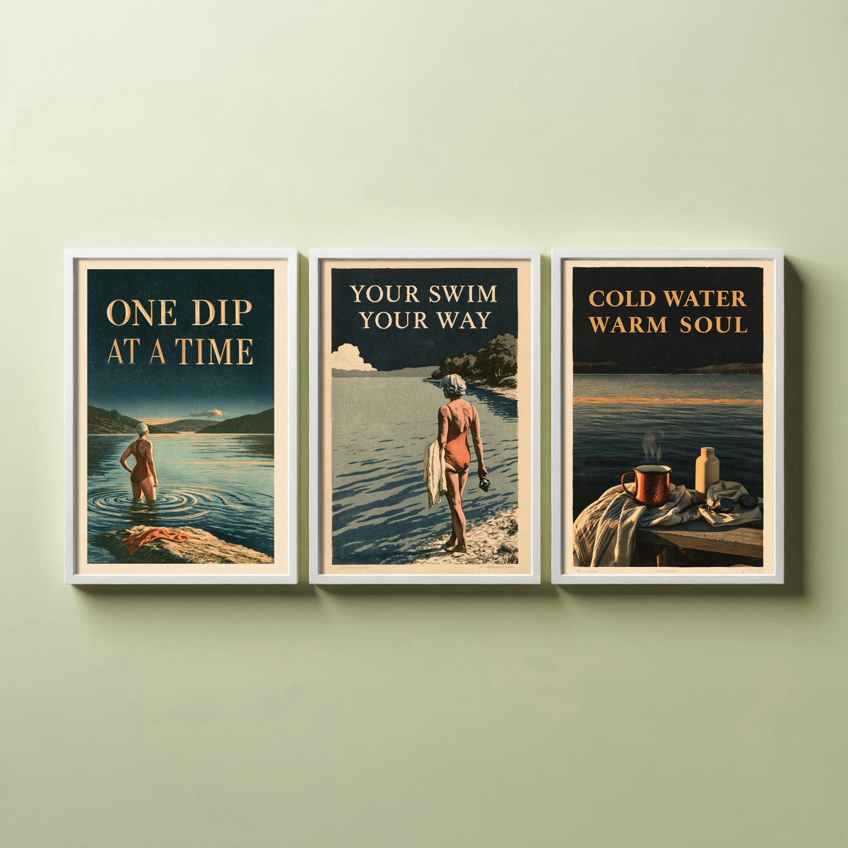 Wild Swimming Set of Three Art Prints - One Dip at a Time, Your Swim Your Way, Cold Water Warm Soul - Amberpress Poster Illustrations V1