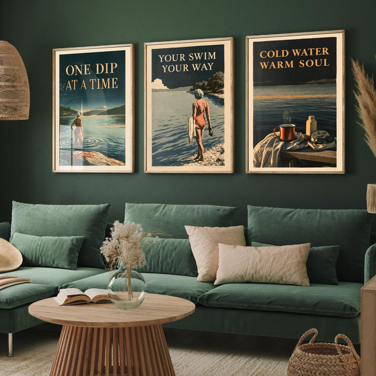 Wild Swimming Set of Three Art Prints - One Dip at a Time, Your Swim Your Way, Cold Water Warm Soul - Amberpress Poster Illustrations V1