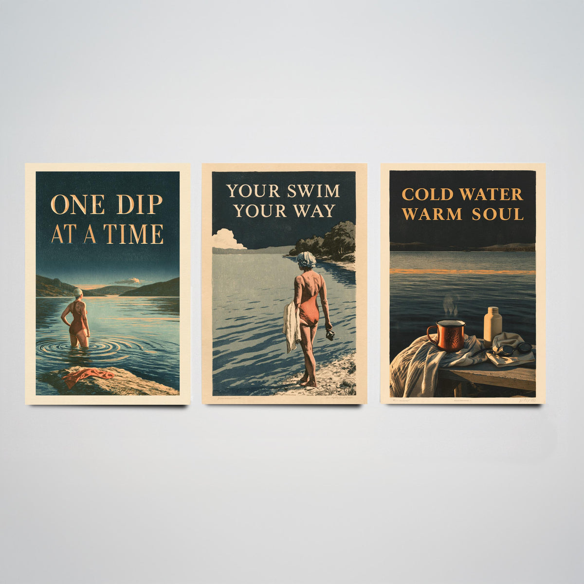 Wild Swimming Set of Three Art Prints - One Dip at a Time, Your Swim Your Way, Cold Water Warm Soul - Amberpress Poster Illustrations V1