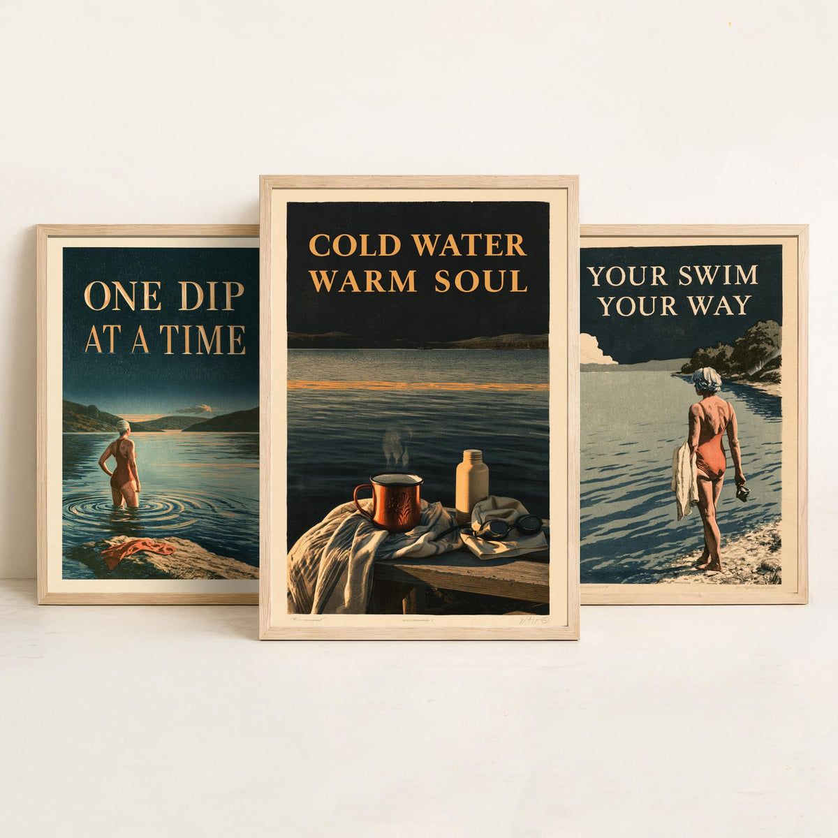 Wild Swimming Set of Three Art Prints - One Dip at a Time, Your Swim Your Way, Cold Water Warm Soul - Amberpress Poster Illustrations V1