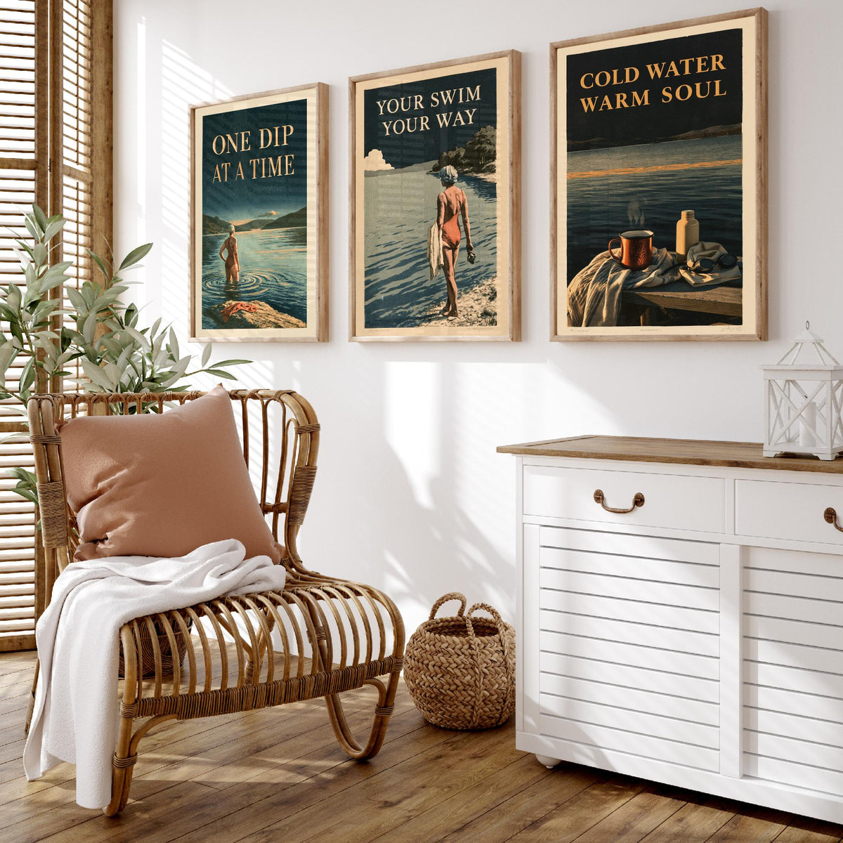 Wild Swimming Set of Three Art Prints - One Dip at a Time, Your Swim Your Way, Cold Water Warm Soul - Amberpress Poster Illustrations V1