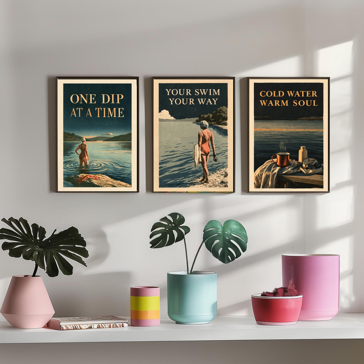 Wild Swimming Set of Three Art Prints - One Dip at a Time, Your Swim Your Way, Cold Water Warm Soul - Amberpress Poster Illustrations V1