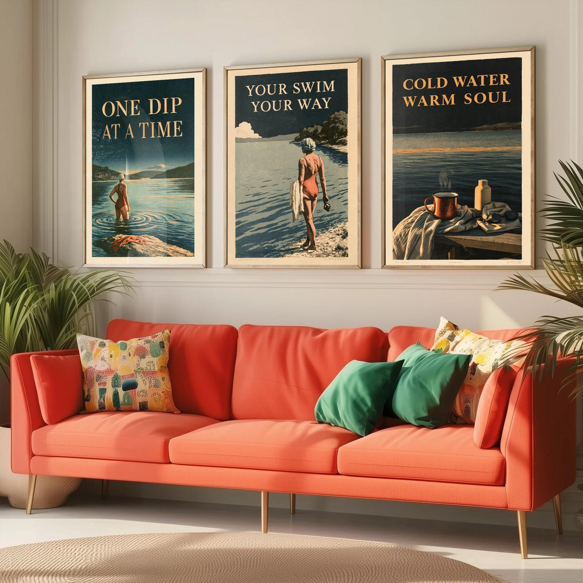 Wild Swimming Set of Three Art Prints - One Dip at a Time, Your Swim Your Way, Cold Water Warm Soul - Amberpress Poster Illustrations V1