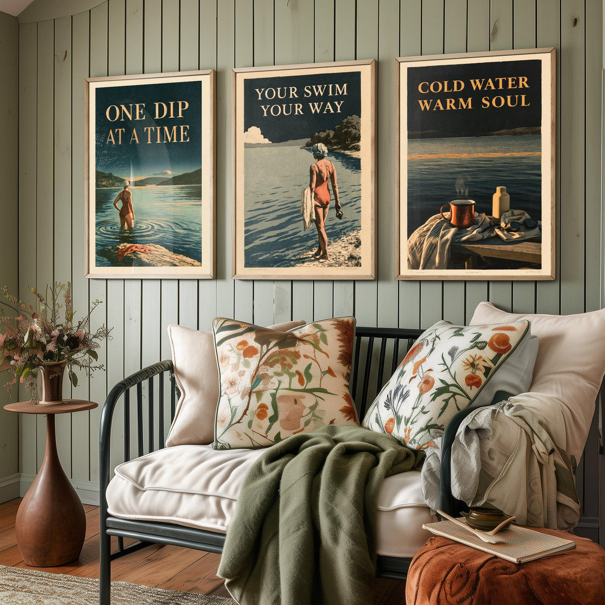 Wild Swimming Set of Three Art Prints - One Dip at a Time, Your Swim Your Way, Cold Water Warm Soul - Amberpress Poster Illustrations V1