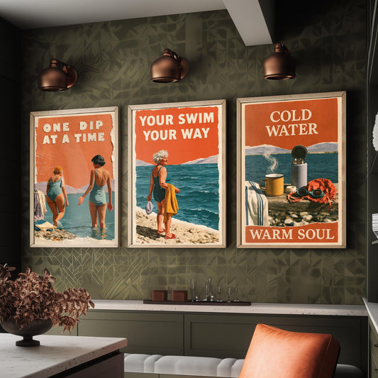 Wild Swimming Set of Three Art Prints - One Dip at a Time, Your Swim Your Way, Cold Water Warm Soul - Coralcut Poster Illustrations V1