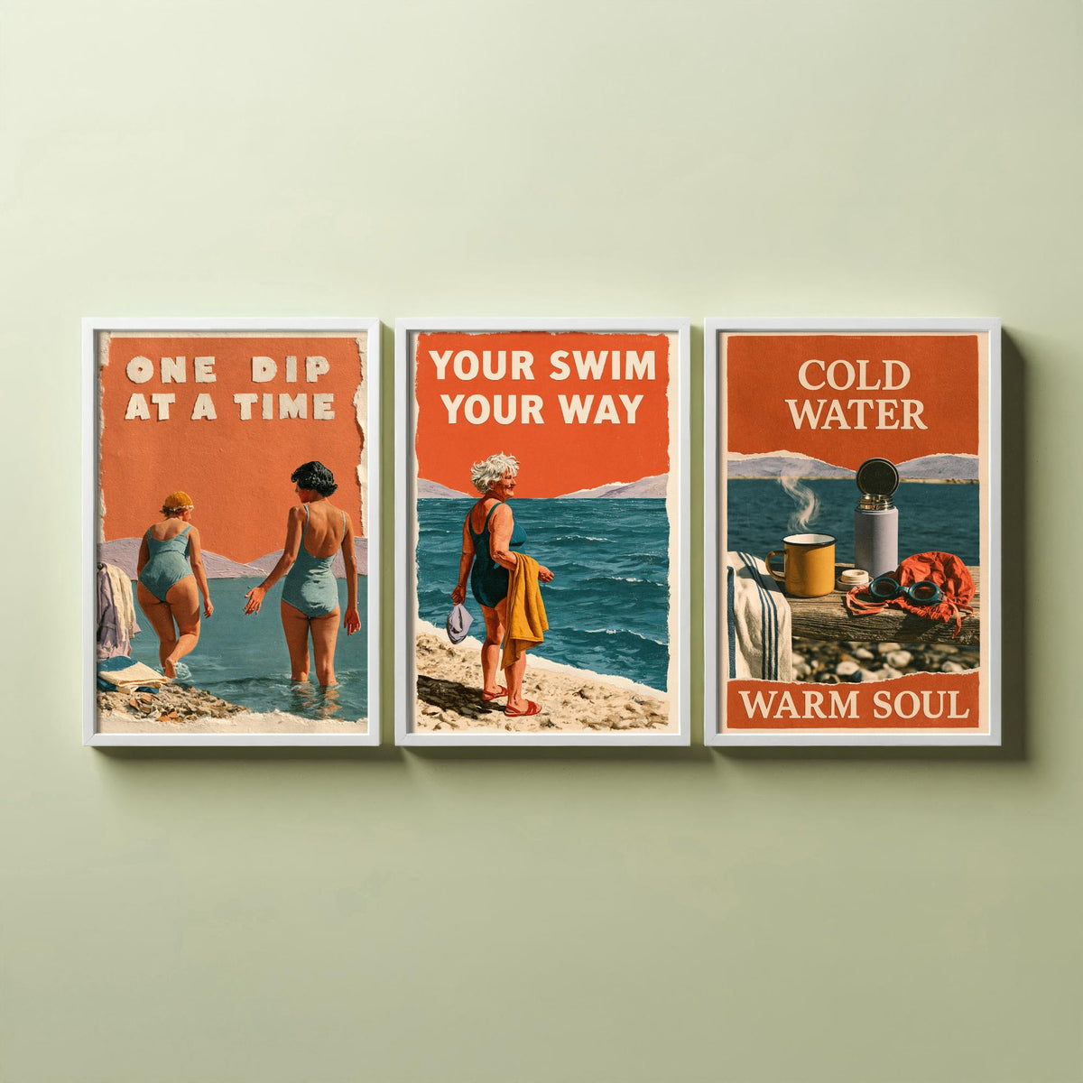 Wild Swimming Set of Three Art Prints - One Dip at a Time, Your Swim Your Way, Cold Water Warm Soul - Coralcut Poster Illustrations V1