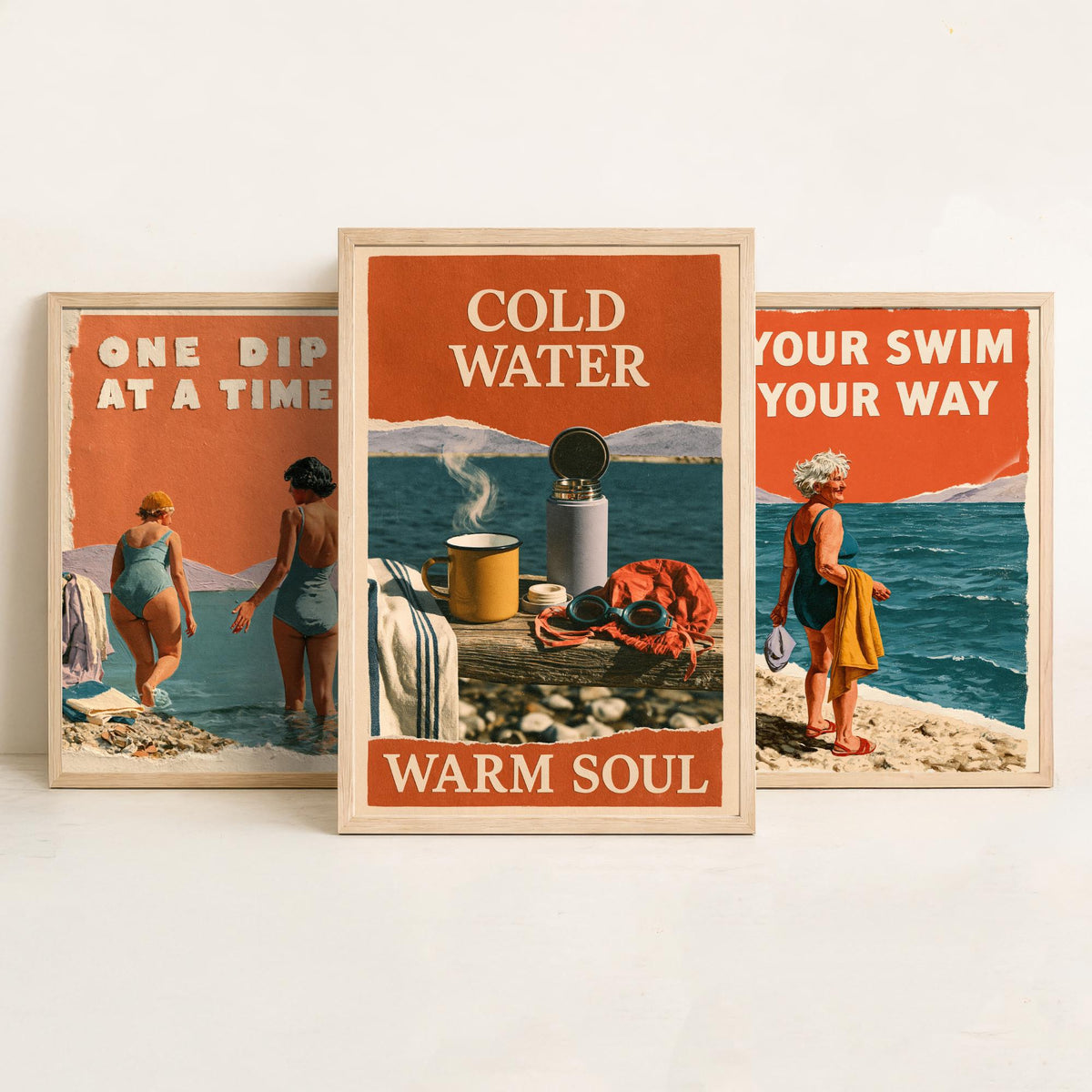 Wild Swimming Set of Three Art Prints - One Dip at a Time, Your Swim Your Way, Cold Water Warm Soul - Coralcut Poster Illustrations V1