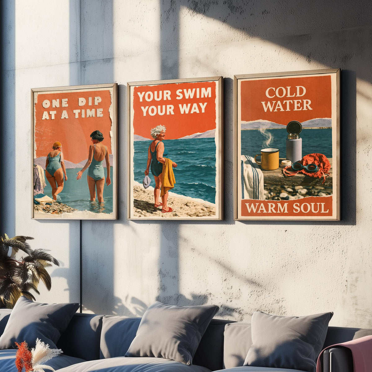 Wild Swimming Set of Three Art Prints - One Dip at a Time, Your Swim Your Way, Cold Water Warm Soul - Coralcut Poster Illustrations V1