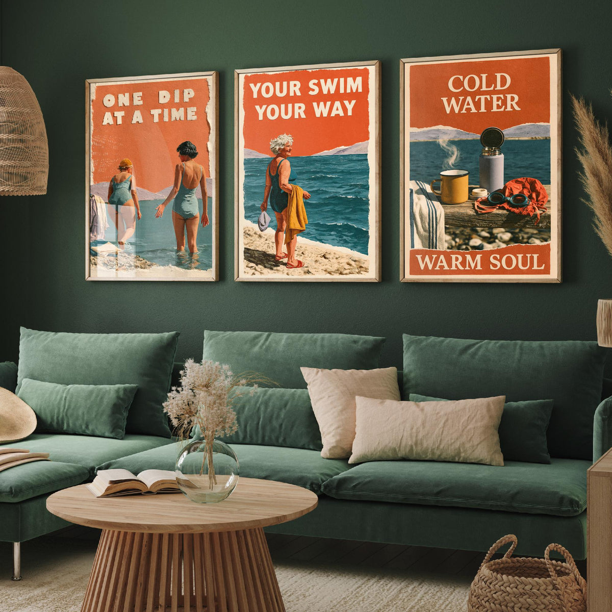 Wild Swimming Set of Three Art Prints - One Dip at a Time, Your Swim Your Way, Cold Water Warm Soul - Coralcut Poster Illustrations V1