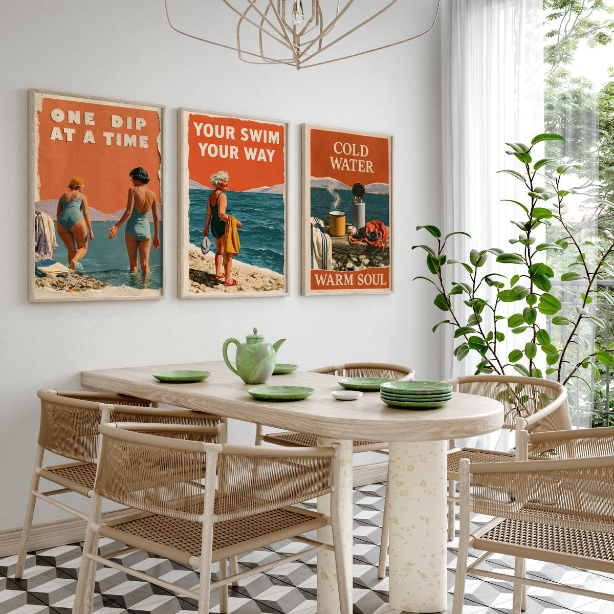 Wild Swimming Set of Three Art Prints - One Dip at a Time, Your Swim Your Way, Cold Water Warm Soul - Coralcut Poster Illustrations V1