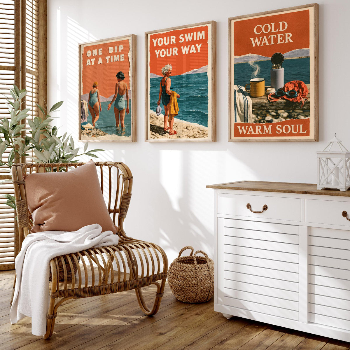 Wild Swimming Set of Three Art Prints - One Dip at a Time, Your Swim Your Way, Cold Water Warm Soul - Coralcut Poster Illustrations V1