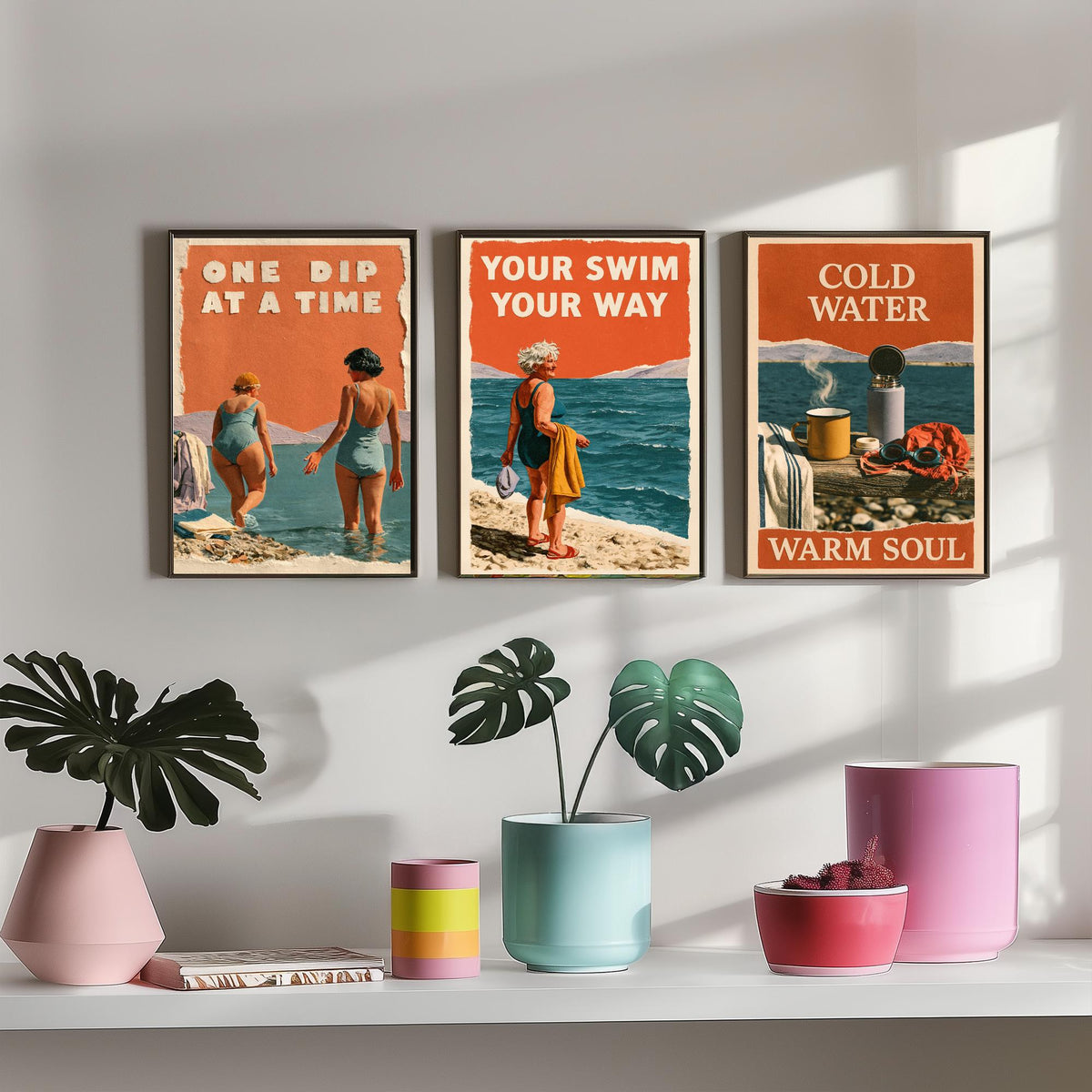 Wild Swimming Set of Three Art Prints - One Dip at a Time, Your Swim Your Way, Cold Water Warm Soul - Coralcut Poster Illustrations V1