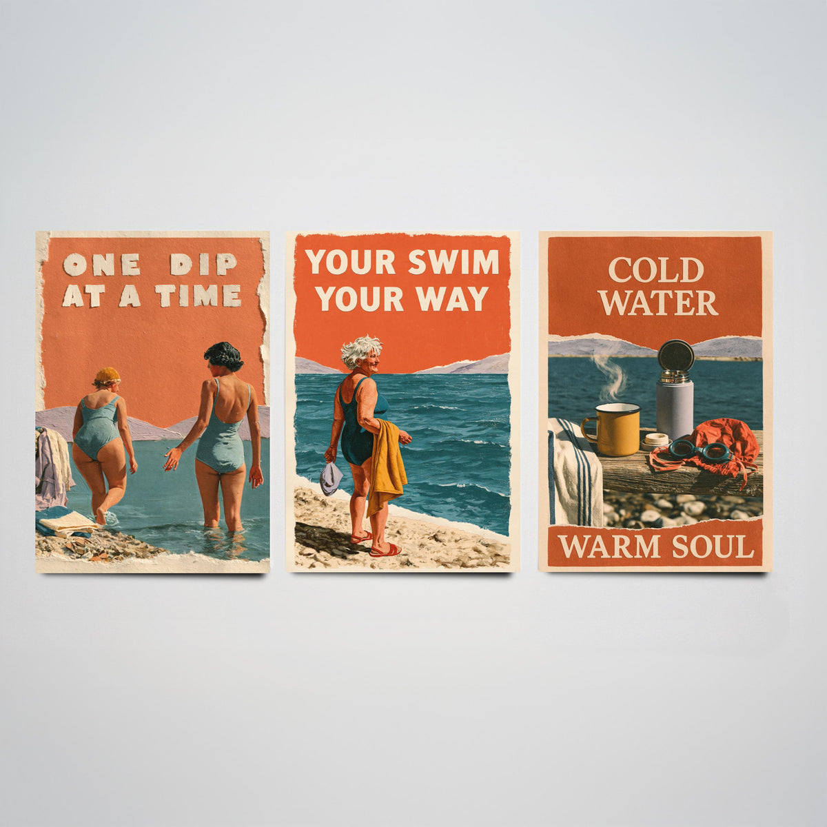 Wild Swimming Set of Three Art Prints - One Dip at a Time, Your Swim Your Way, Cold Water Warm Soul - Coralcut Poster Illustrations V1