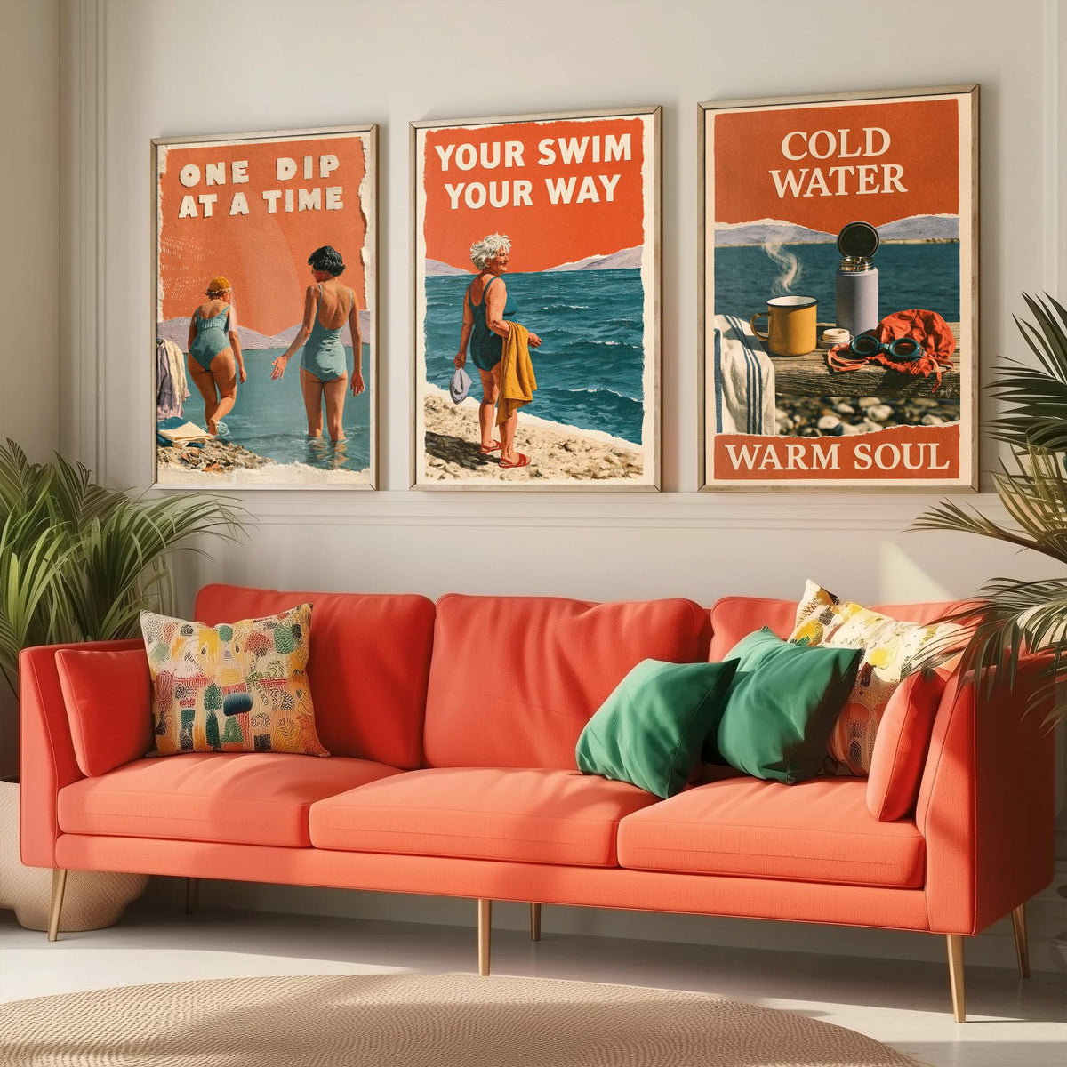 Wild Swimming Set of Three Art Prints - One Dip at a Time, Your Swim Your Way, Cold Water Warm Soul - Coralcut Poster Illustrations V1