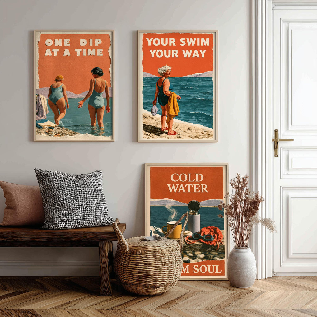 Wild Swimming Set of Three Art Prints - One Dip at a Time, Your Swim Your Way, Cold Water Warm Soul - Coralcut Poster Illustrations V1