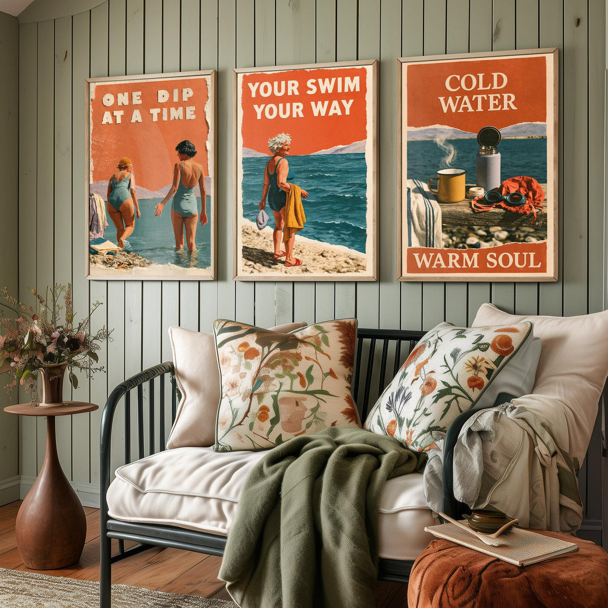 Wild Swimming Set of Three Art Prints - One Dip at a Time, Your Swim Your Way, Cold Water Warm Soul - Coralcut Poster Illustrations V1