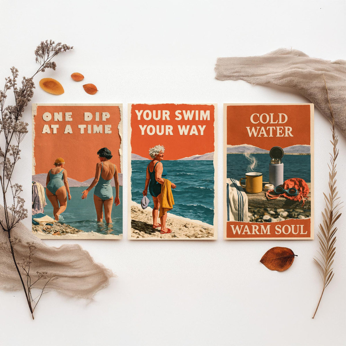 Wild Swimming Set of Three Art Prints - One Dip at a Time, Your Swim Your Way, Cold Water Warm Soul - Coralcut Poster Illustrations V1