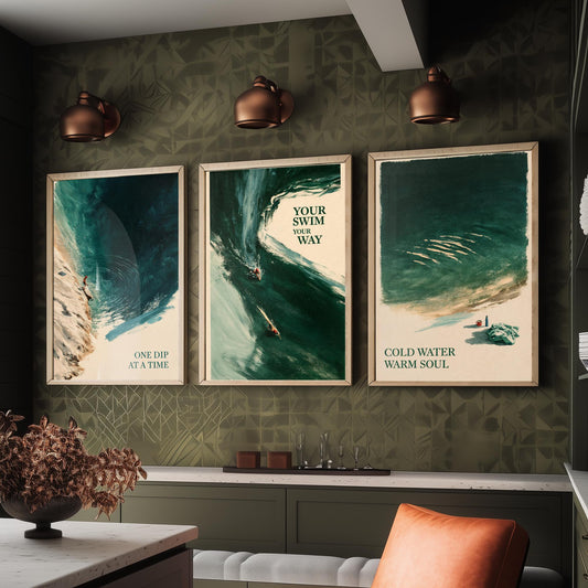 Wild Swimming Set of Three Art Prints - One Dip at a Time, Your Swim Your Way, Cold Water Warm Soul - Tidewash Green Sea Painting Posters V1