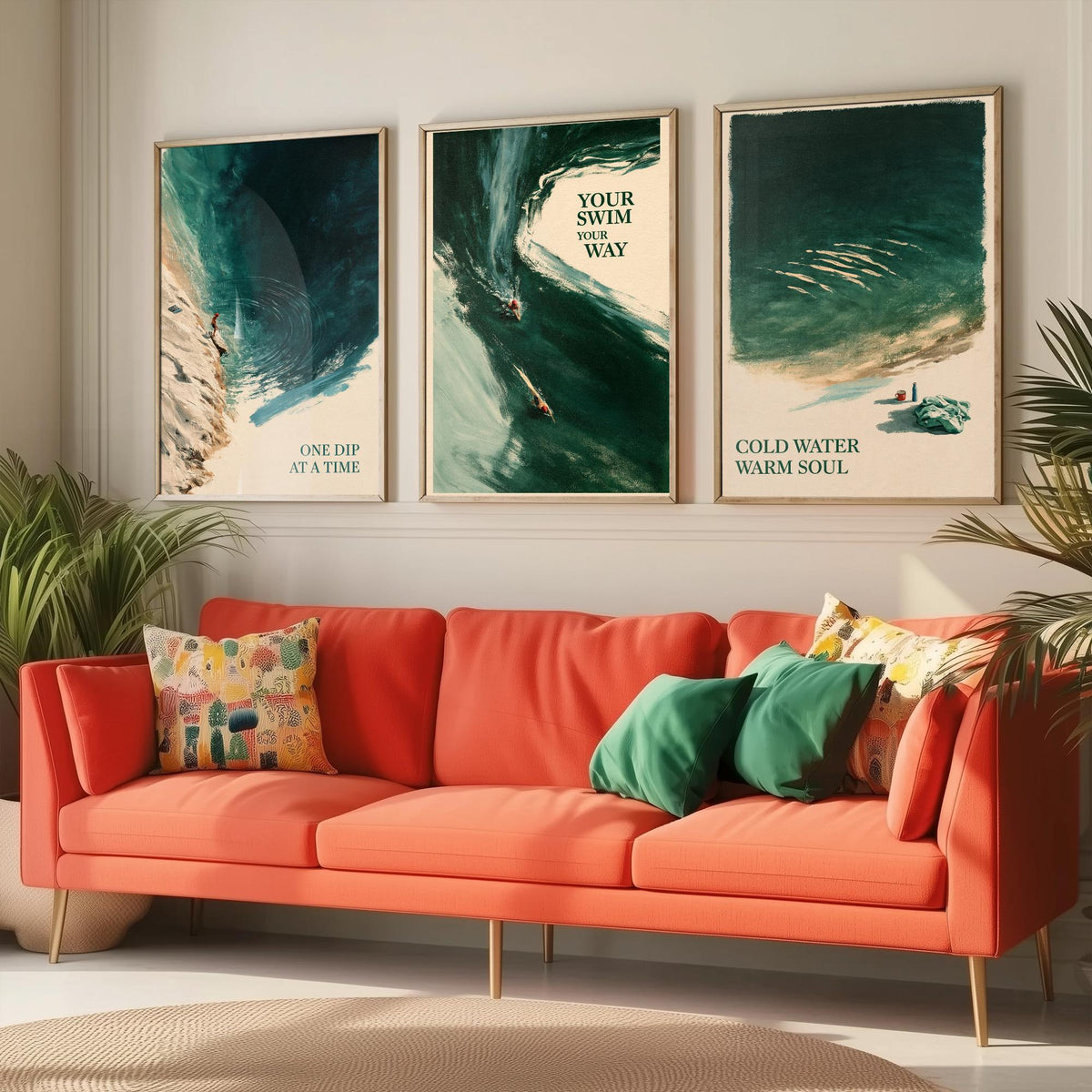 Wild Swimming Set of Three Art Prints - One Dip at a Time, Your Swim Your Way, Cold Water Warm Soul - Tidewash Green Sea Painting Posters V1