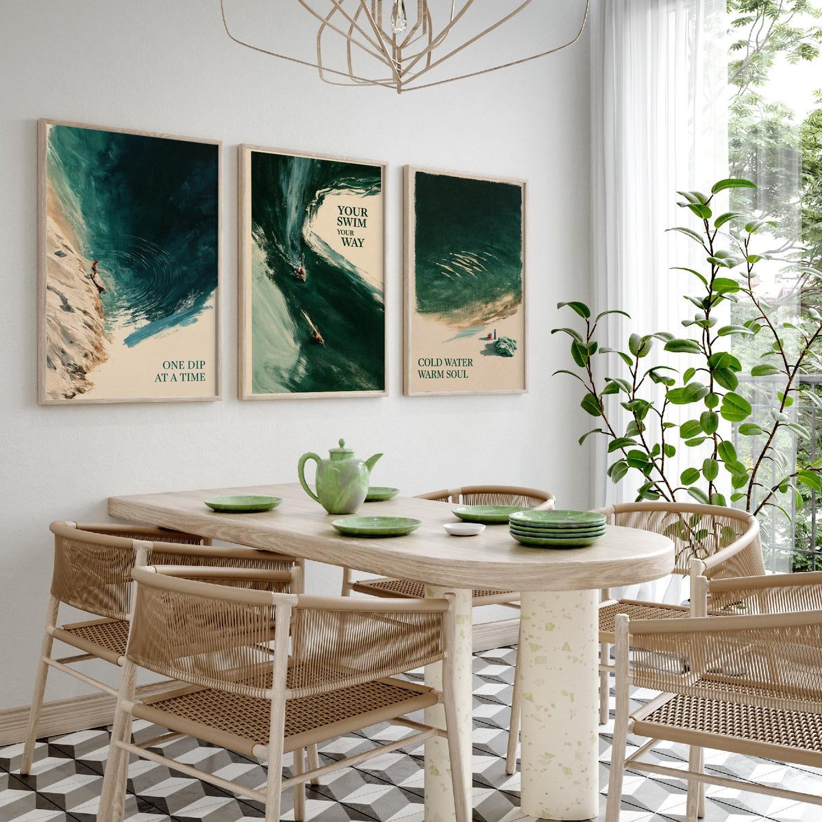 Wild Swimming Set of Three Art Prints - One Dip at a Time, Your Swim Your Way, Cold Water Warm Soul - Tidewash Green Sea Painting Posters V1