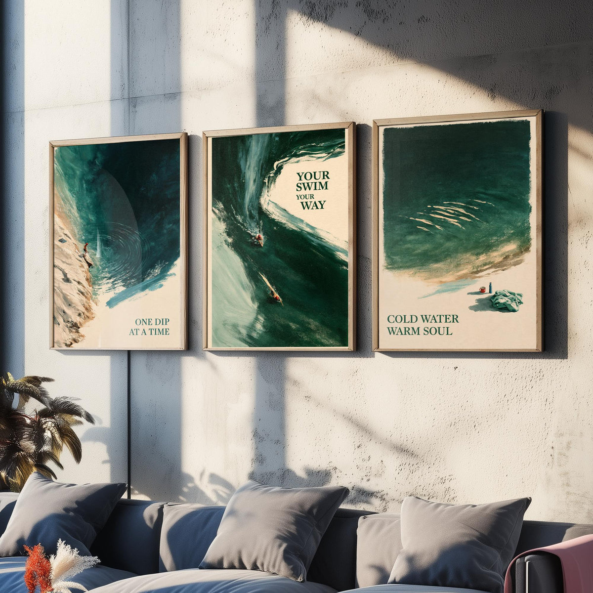 Wild Swimming Set of Three Art Prints - One Dip at a Time, Your Swim Your Way, Cold Water Warm Soul - Tidewash Green Sea Painting Posters V1