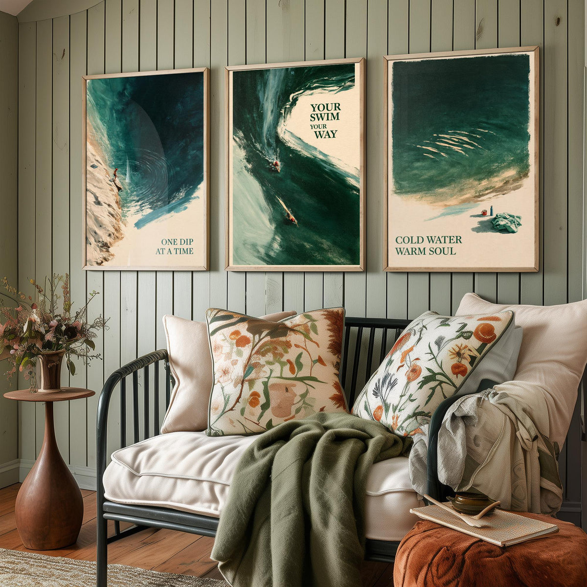 Wild Swimming Set of Three Art Prints - One Dip at a Time, Your Swim Your Way, Cold Water Warm Soul - Tidewash Green Sea Painting Posters V1
