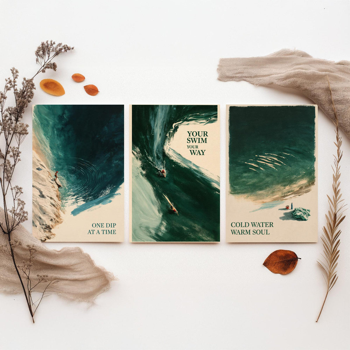 Wild Swimming Set of Three Art Prints - One Dip at a Time, Your Swim Your Way, Cold Water Warm Soul - Tidewash Green Sea Painting Posters V1