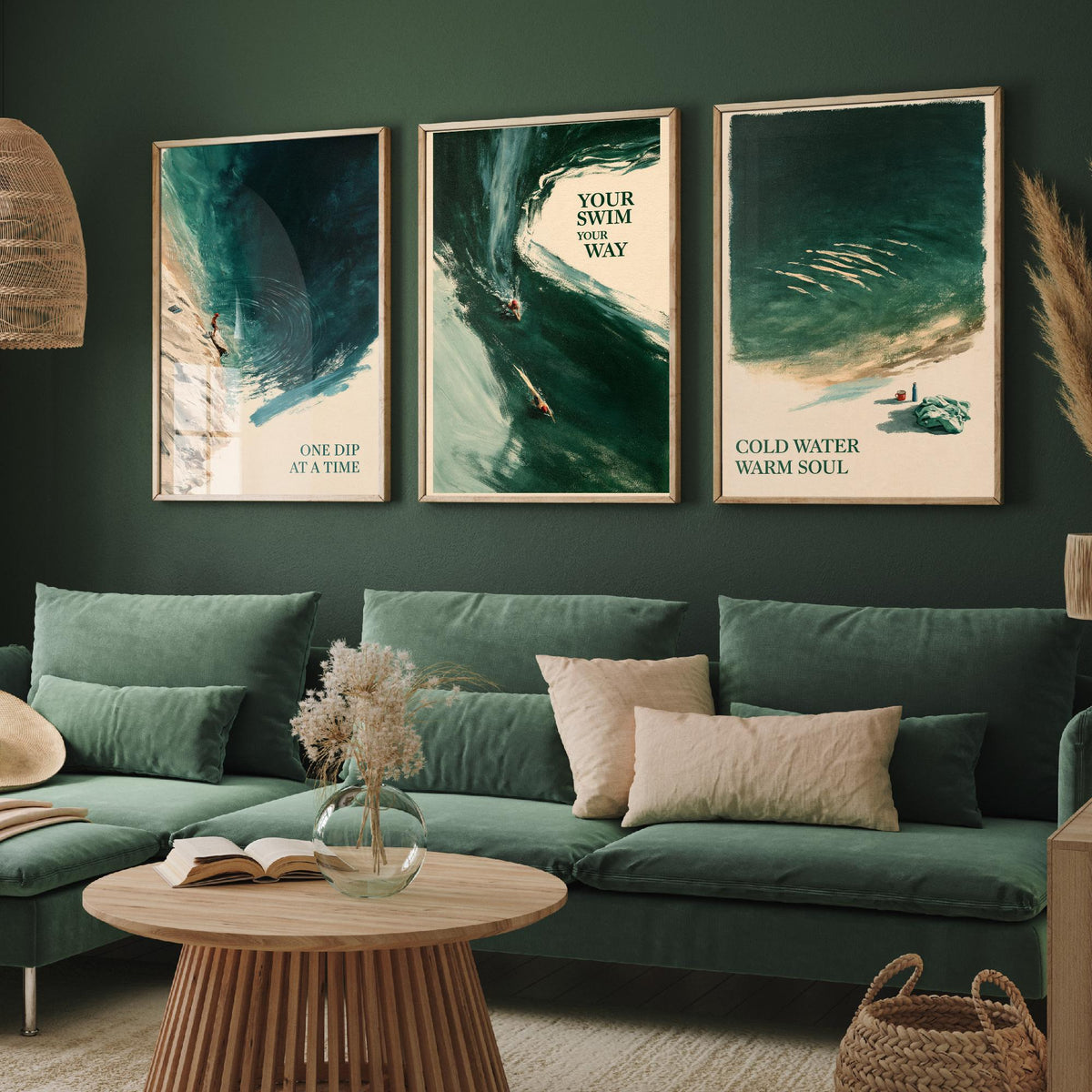 Wild Swimming Set of Three Art Prints - One Dip at a Time, Your Swim Your Way, Cold Water Warm Soul - Tidewash Green Sea Painting Posters V1