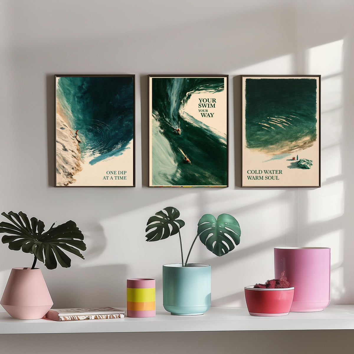 Wild Swimming Set of Three Art Prints - One Dip at a Time, Your Swim Your Way, Cold Water Warm Soul - Tidewash Green Sea Painting Posters V1