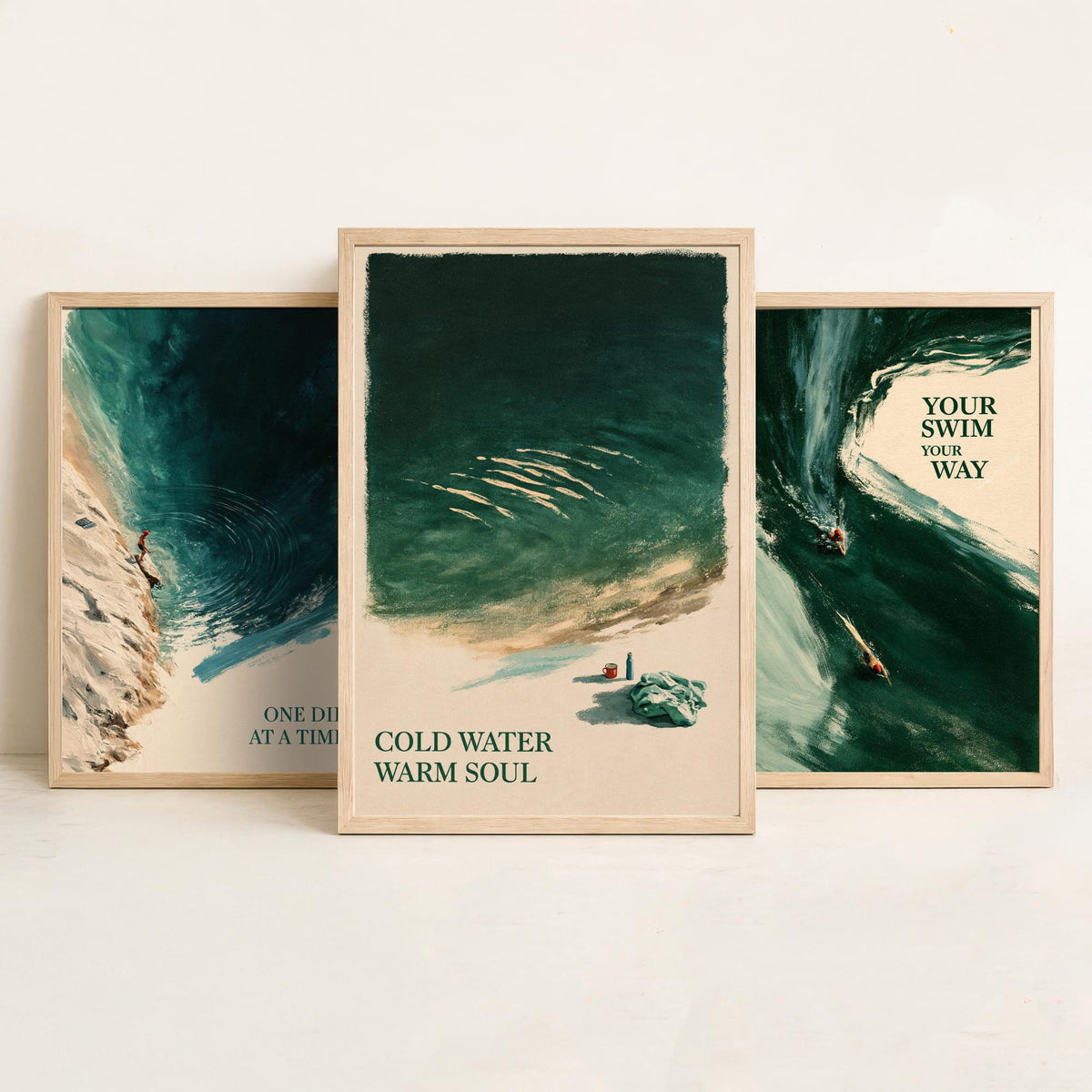 Wild Swimming Set of Three Art Prints - One Dip at a Time, Your Swim Your Way, Cold Water Warm Soul - Tidewash Green Sea Painting Posters V1