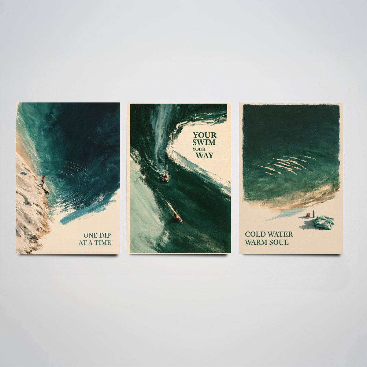 Wild Swimming Set of Three Art Prints - One Dip at a Time, Your Swim Your Way, Cold Water Warm Soul - Tidewash Green Sea Painting Posters V1