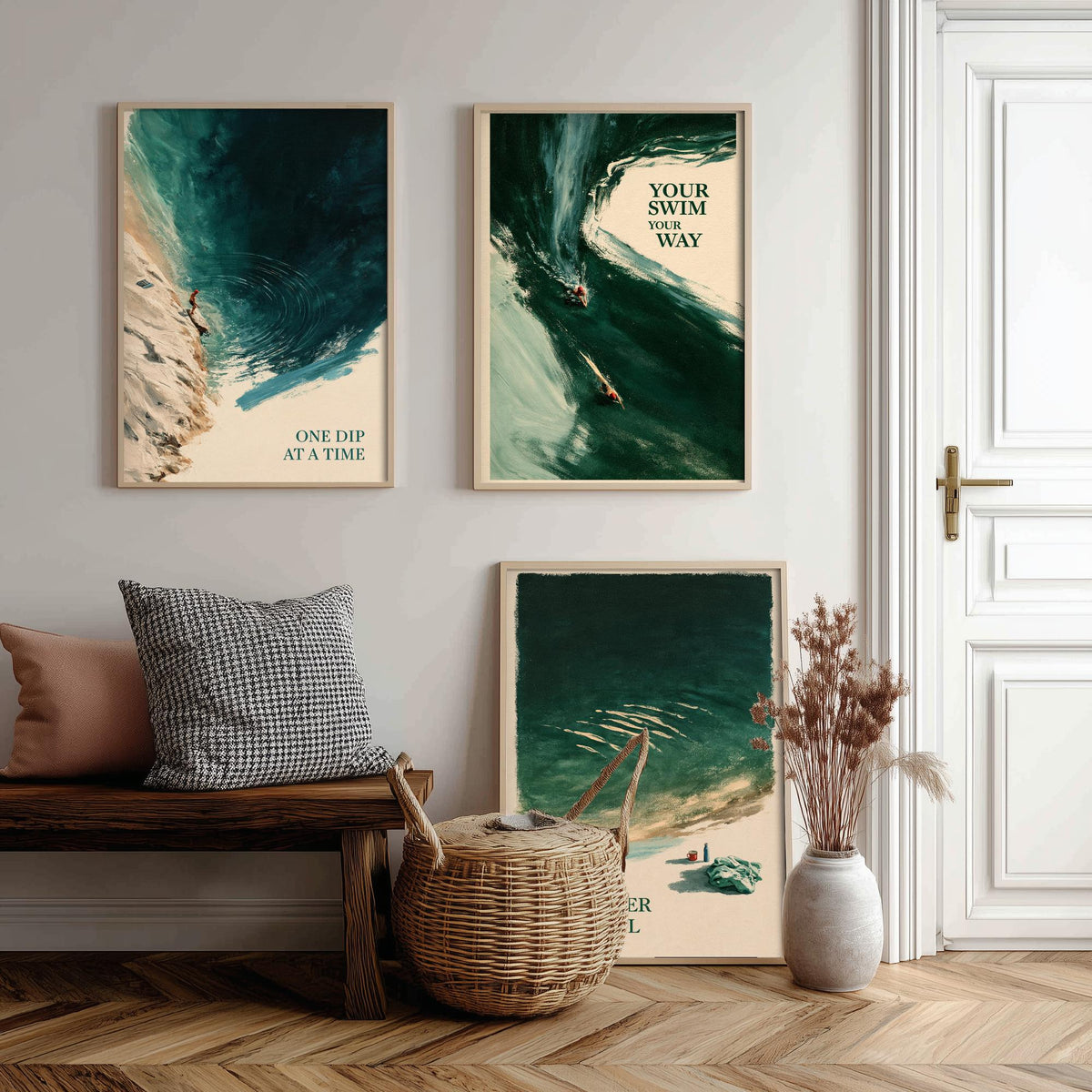 Wild Swimming Set of Three Art Prints - One Dip at a Time, Your Swim Your Way, Cold Water Warm Soul - Tidewash Green Sea Painting Posters V1