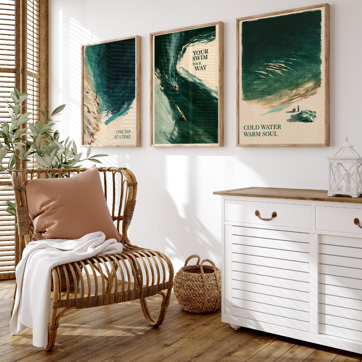 Wild Swimming Set of Three Art Prints - One Dip at a Time, Your Swim Your Way, Cold Water Warm Soul - Tidewash Green Sea Painting Posters V1