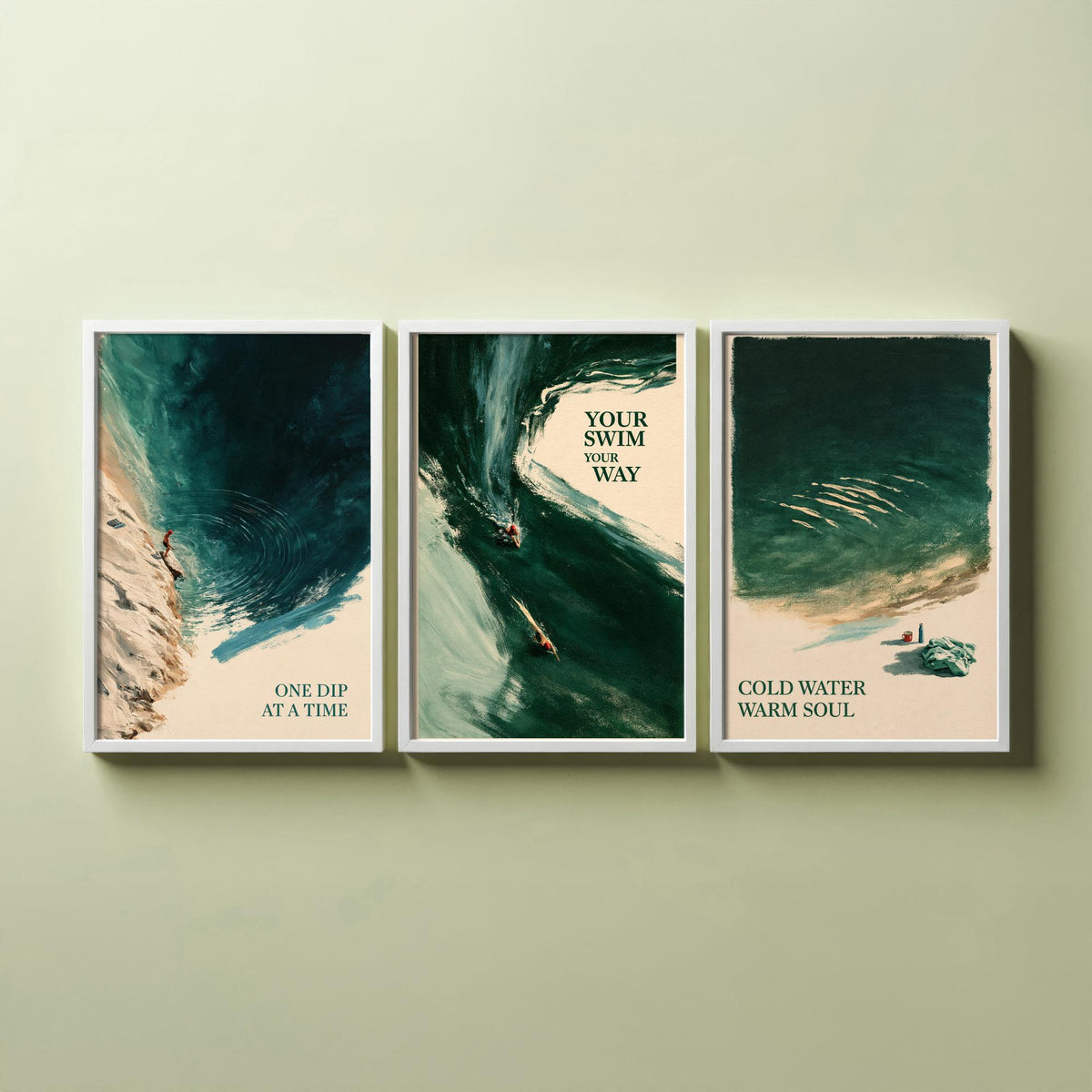 Wild Swimming Set of Three Art Prints - One Dip at a Time, Your Swim Your Way, Cold Water Warm Soul - Tidewash Green Sea Painting Posters V1