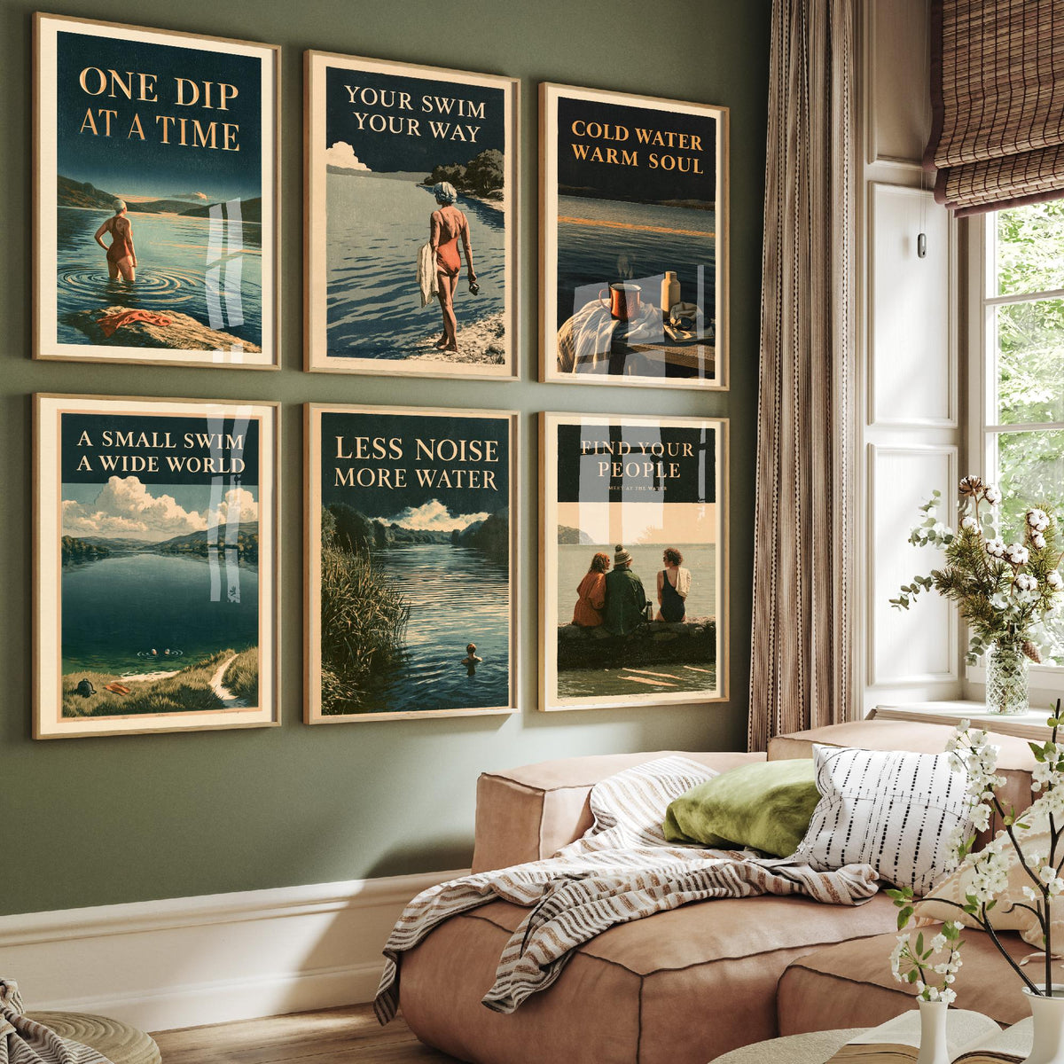 Set of Six Wild Swimming Quote Art Prints - 6 Amberpress Poster Illustrations - One Dip at a Time, Cold Water Warm Soul, Find Your People