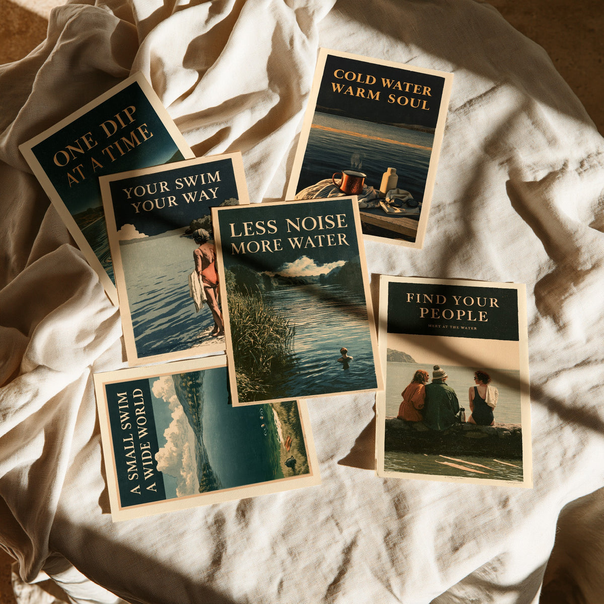 Set of Six Wild Swimming Quote Art Prints - 6 Amberpress Poster Illustrations - One Dip at a Time, Cold Water Warm Soul, Find Your People