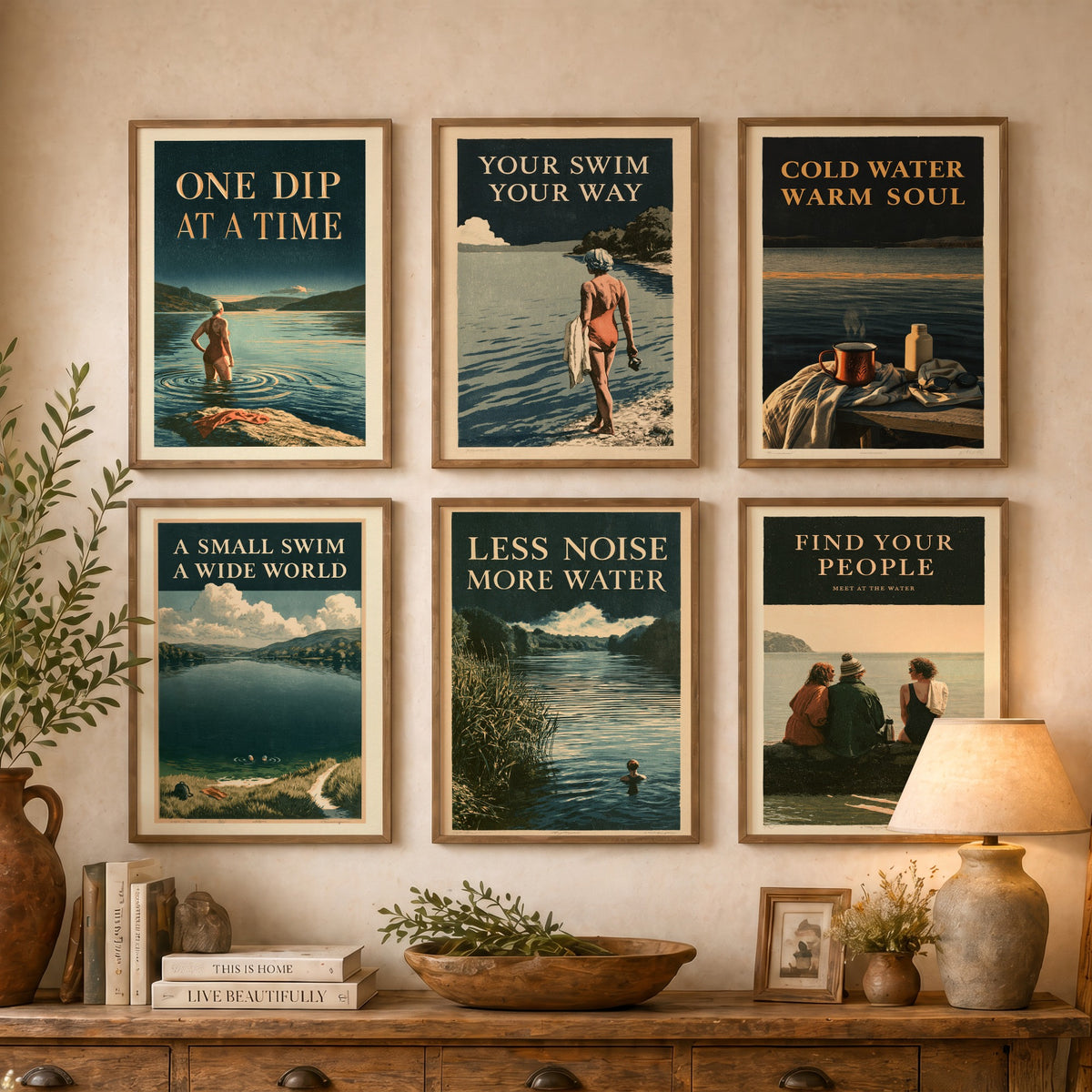 Set of Six Wild Swimming Quote Art Prints - 6 Amberpress Poster Illustrations - One Dip at a Time, Cold Water Warm Soul, Find Your People