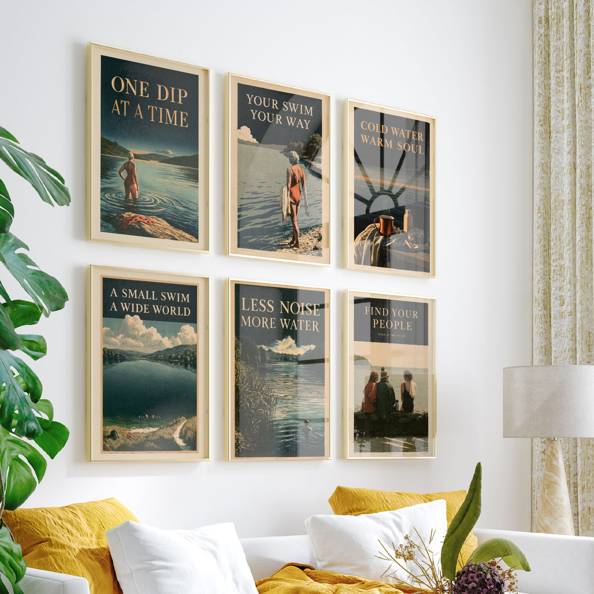 Set of Six Wild Swimming Quote Art Prints - 6 Amberpress Poster Illustrations - One Dip at a Time, Cold Water Warm Soul, Find Your People