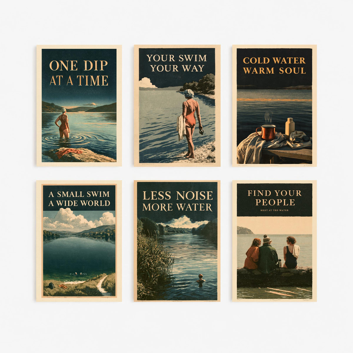 Set of Six Wild Swimming Quote Art Prints - 6 Amberpress Poster Illustrations - One Dip at a Time, Cold Water Warm Soul, Find Your People