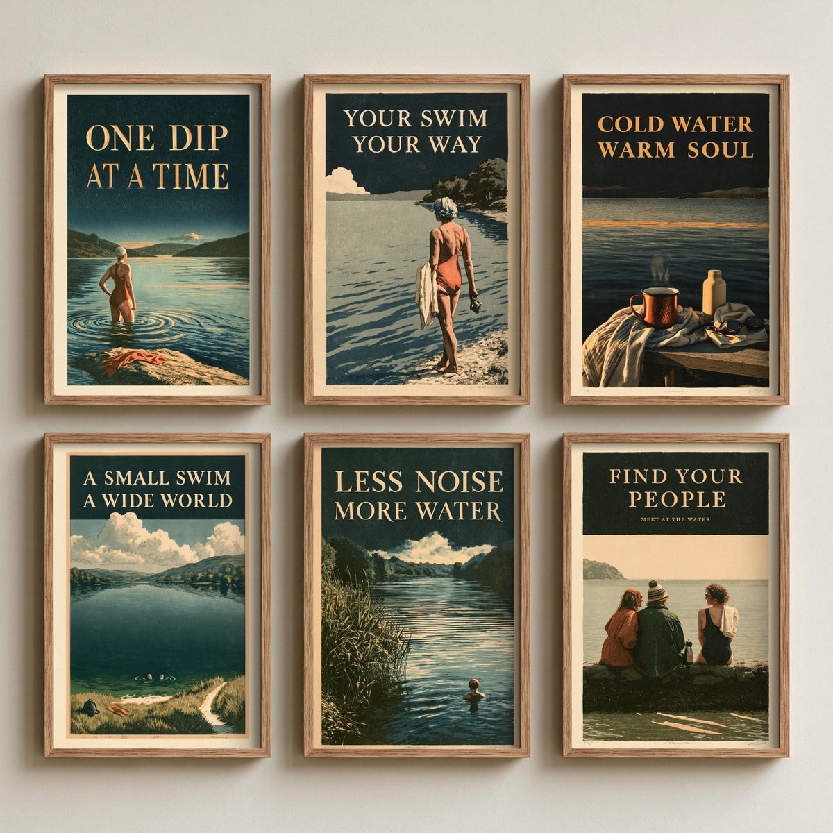 Set of Six Wild Swimming Quote Art Prints - 6 Amberpress Poster Illustrations - One Dip at a Time, Cold Water Warm Soul, Find Your People