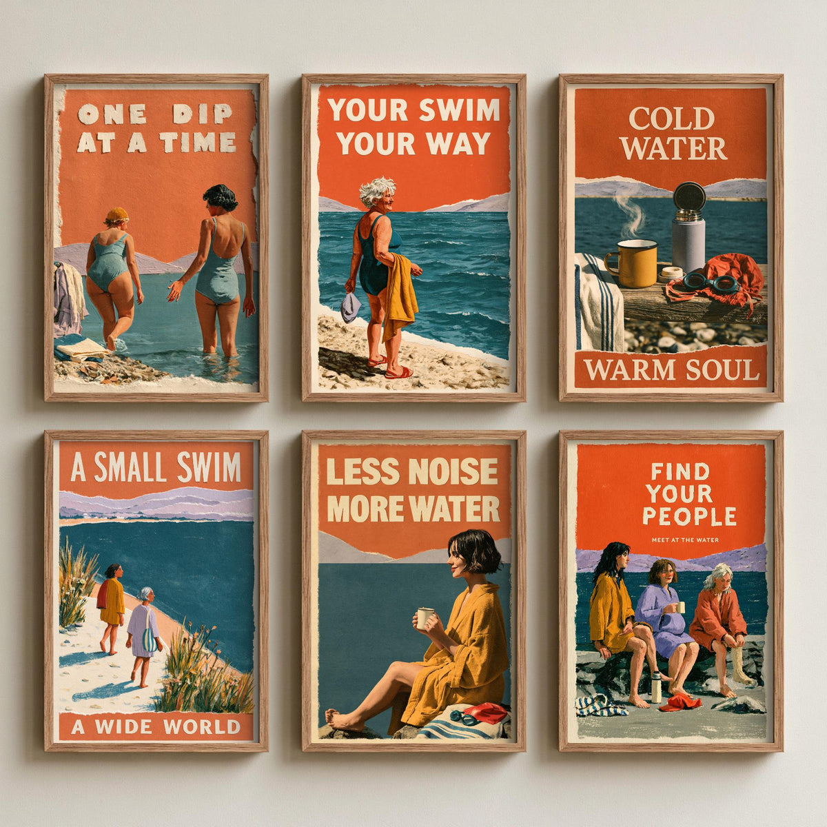 Set of Six Wild Swimming Quote Art Prints - 6 Coralcut Poster Illustrations - One Dip at a Time, Cold Water Warm Soul, Find Your People
