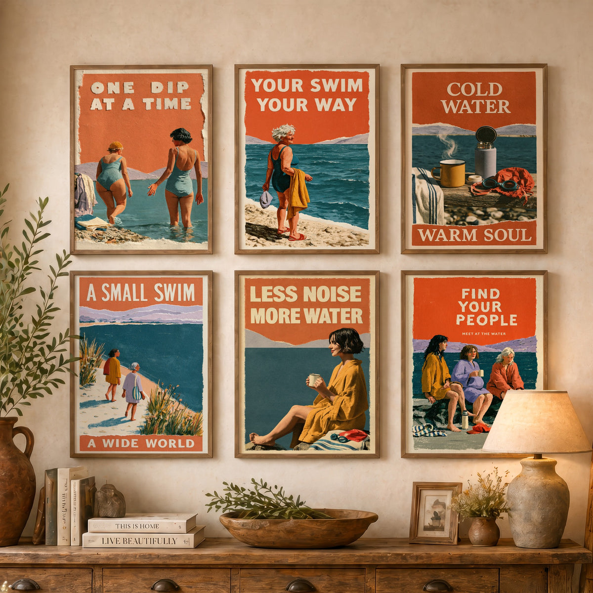 Set of Six Wild Swimming Quote Art Prints - 6 Coralcut Poster Illustrations - One Dip at a Time, Cold Water Warm Soul, Find Your People