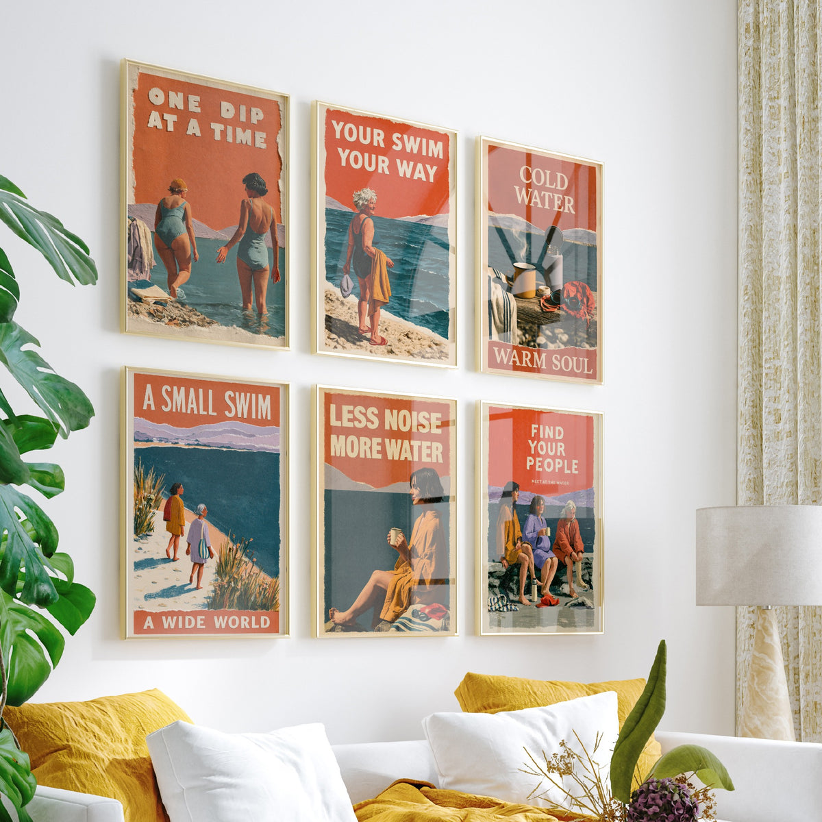 Set of Six Wild Swimming Quote Art Prints - 6 Coralcut Poster Illustrations - One Dip at a Time, Cold Water Warm Soul, Find Your People