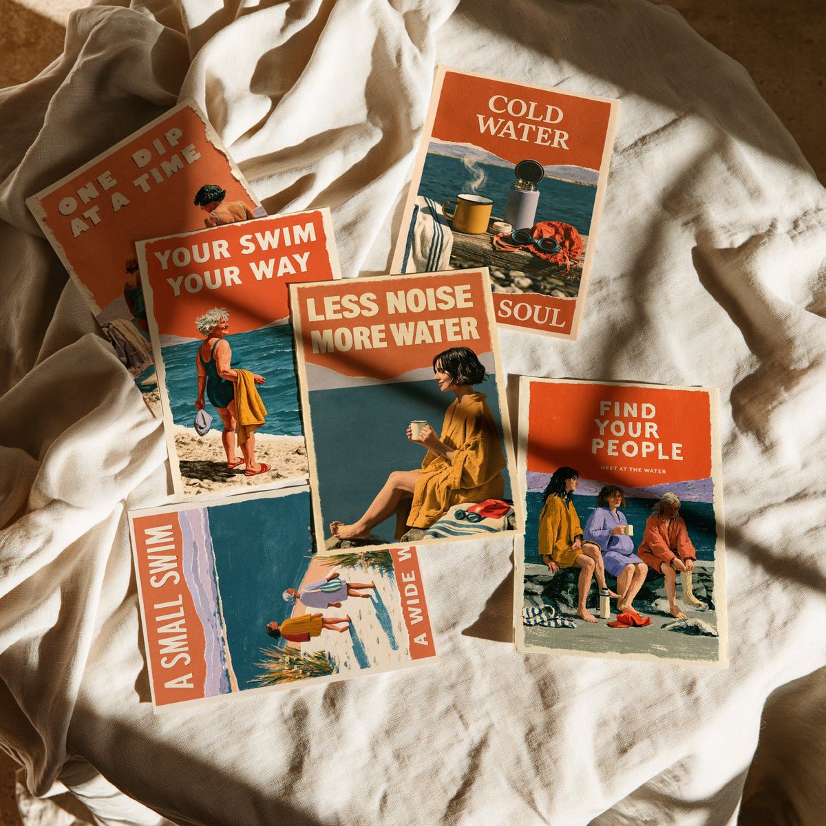 Set of Six Wild Swimming Quote Art Prints - 6 Coralcut Poster Illustrations - One Dip at a Time, Cold Water Warm Soul, Find Your People