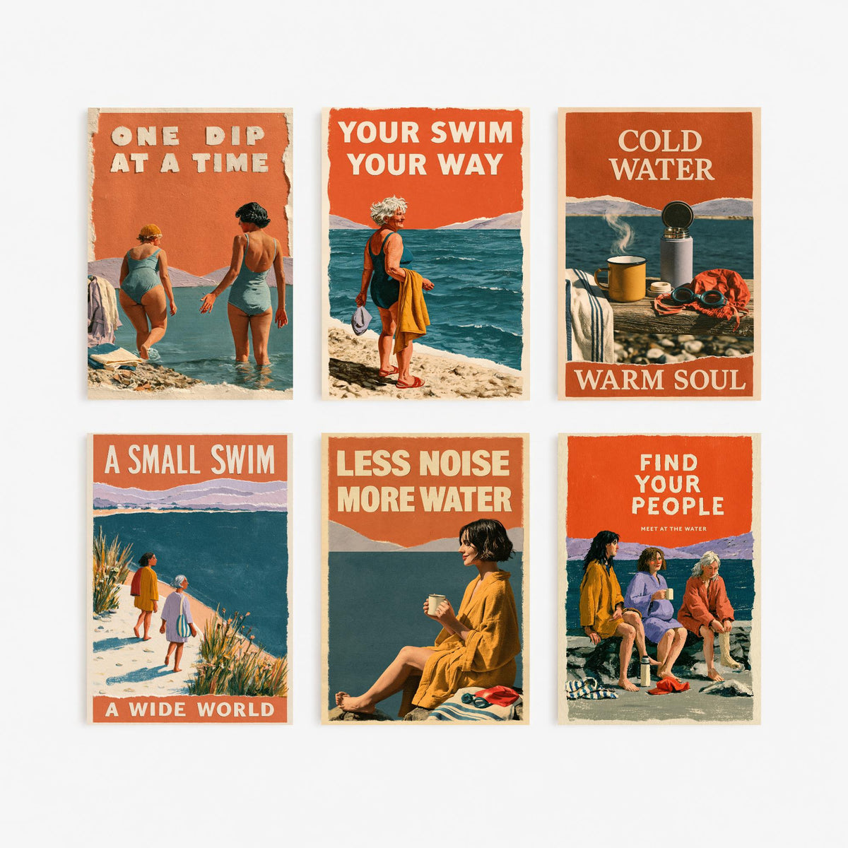 Set of Six Wild Swimming Quote Art Prints - 6 Coralcut Poster Illustrations - One Dip at a Time, Cold Water Warm Soul, Find Your People
