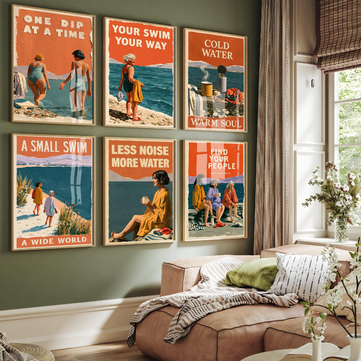 Set of Six Wild Swimming Quote Art Prints - 6 Coralcut Poster Illustrations - One Dip at a Time, Cold Water Warm Soul, Find Your People