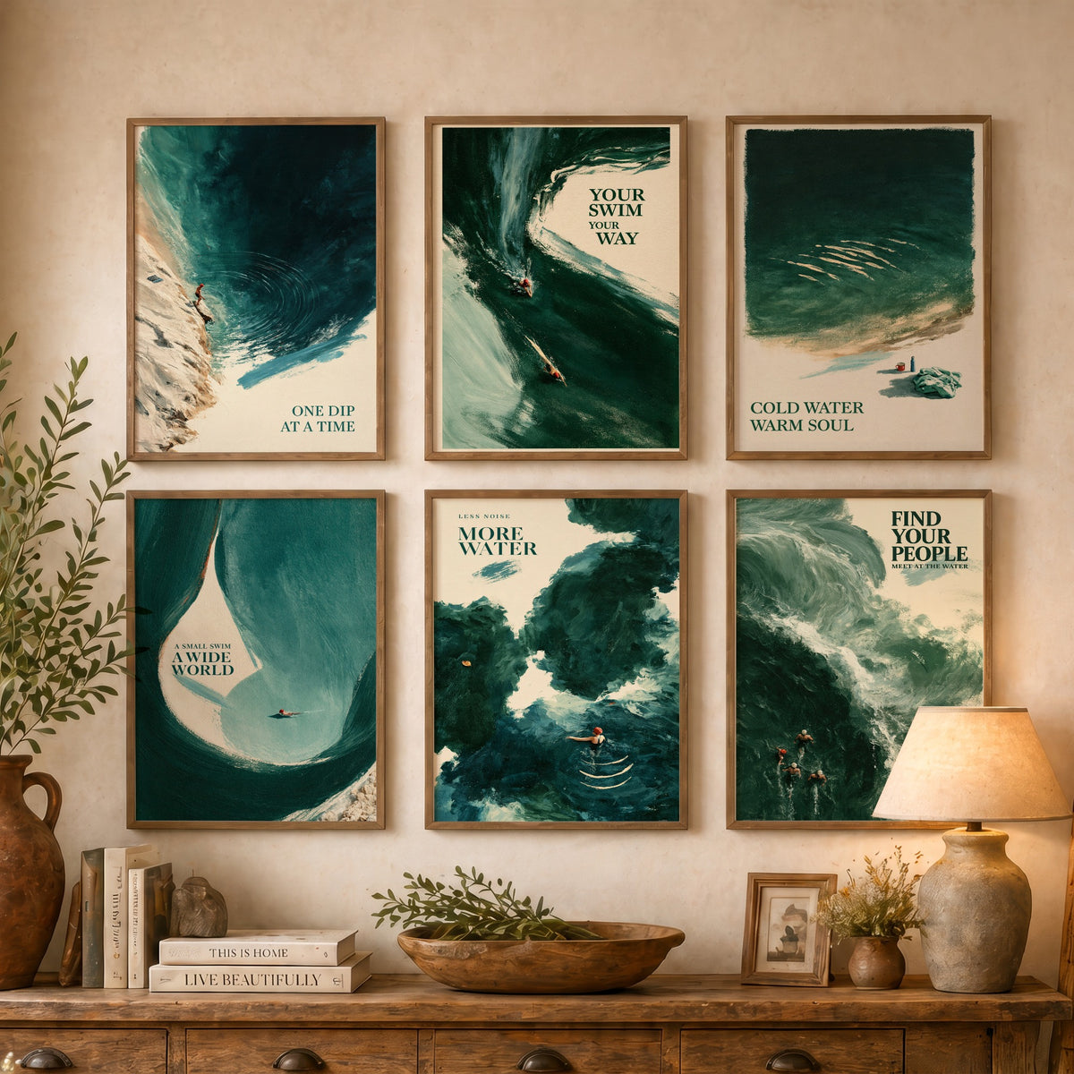 Set of Six Wild Swimming Quote Art Prints - 6 Tidewash Sea Painting Posters - One Dip at a Time, Cold Water Warm Soul, Find Your People