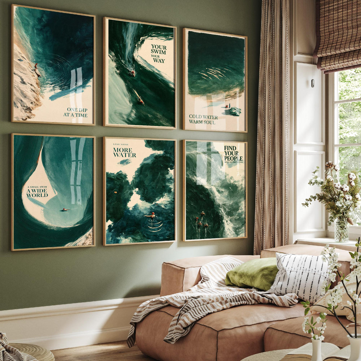 Set of Six Wild Swimming Quote Art Prints - 6 Tidewash Sea Painting Posters - One Dip at a Time, Cold Water Warm Soul, Find Your People